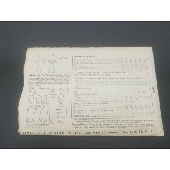 Uncut Simplicity 1949 Women Dress Detach Collar Cuffs Sew Pattern #2760 Size 14 - Picture 3 of 3
